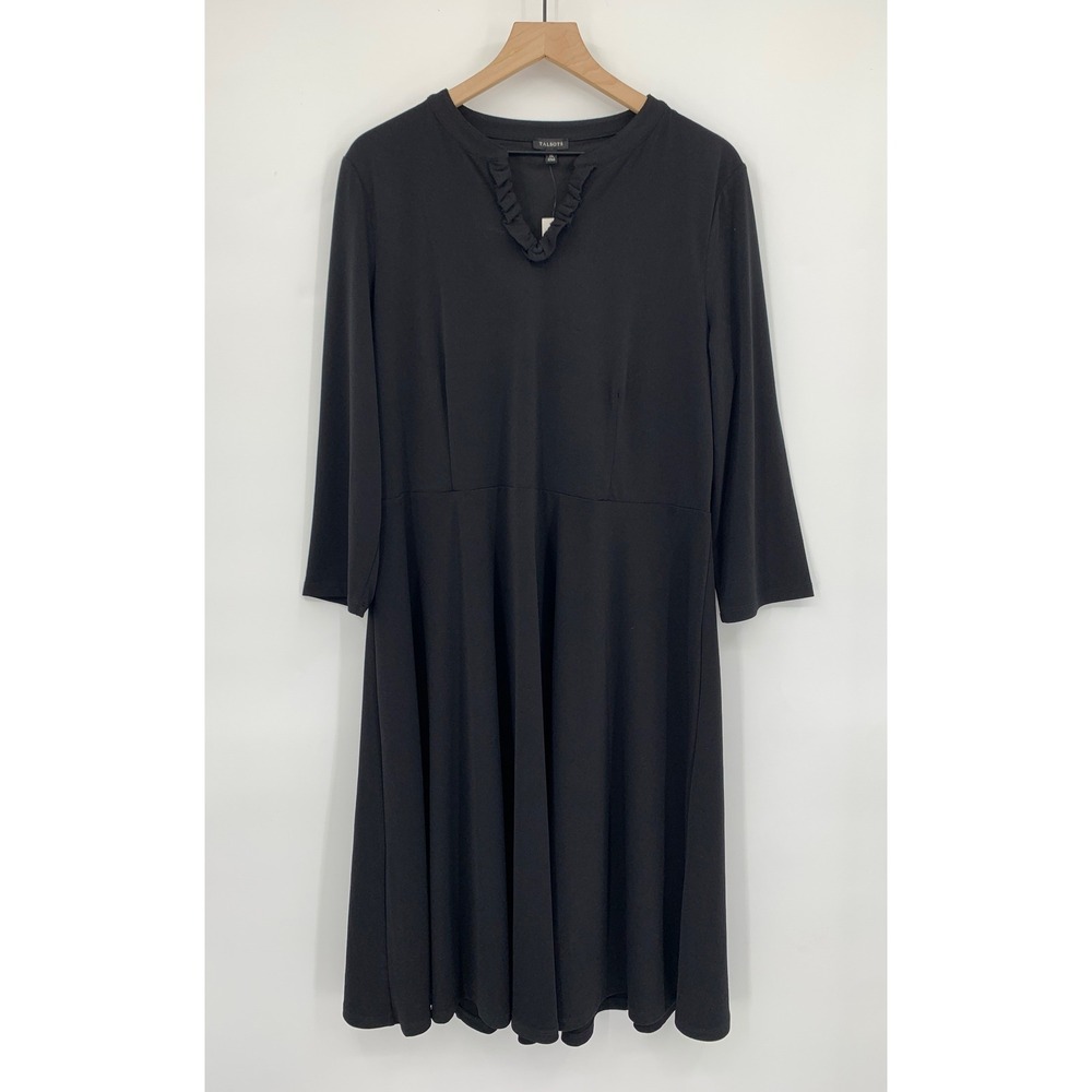Talbots Dress Womens XL Black Ruffle Neck 3/4 Sleeve Classic NEW